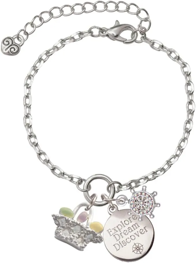 Delight Jewelry Silvertone Easter Egg Basket Silvertone Discover Dream Explore Zoey Charm Bracelet, 6.5 2" Extender