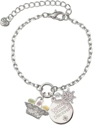 Delight Jewelry Silvertone Easter Egg Basket Silvertone Discover Dream Explore Zoey Charm Bracelet, 6.5 2" Extender