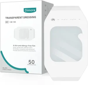 Dimora Transparent Film Dressing 50 Packs, Waterproof Adhesive Clear Bandages 4 in x 5 in, Wound Cover for IV Shield, Tattoo Aftercare Bandage(FSA/HSA Approved))