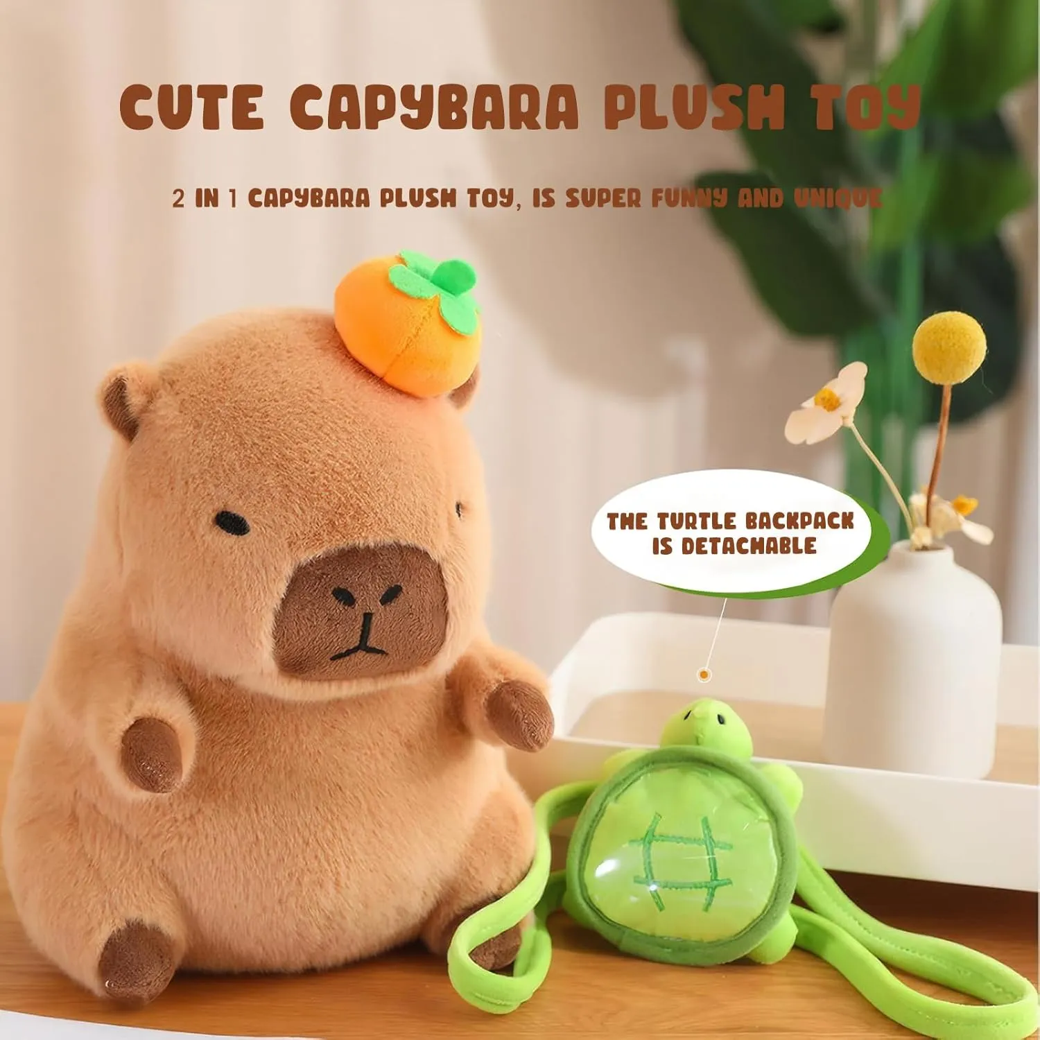 Ditucu Cute Orange Capybara Plush Pillow with Turtle Backpack Stuffed Animal Capibara Plushies Toys Gifts for Kids Brown 13.7 inch