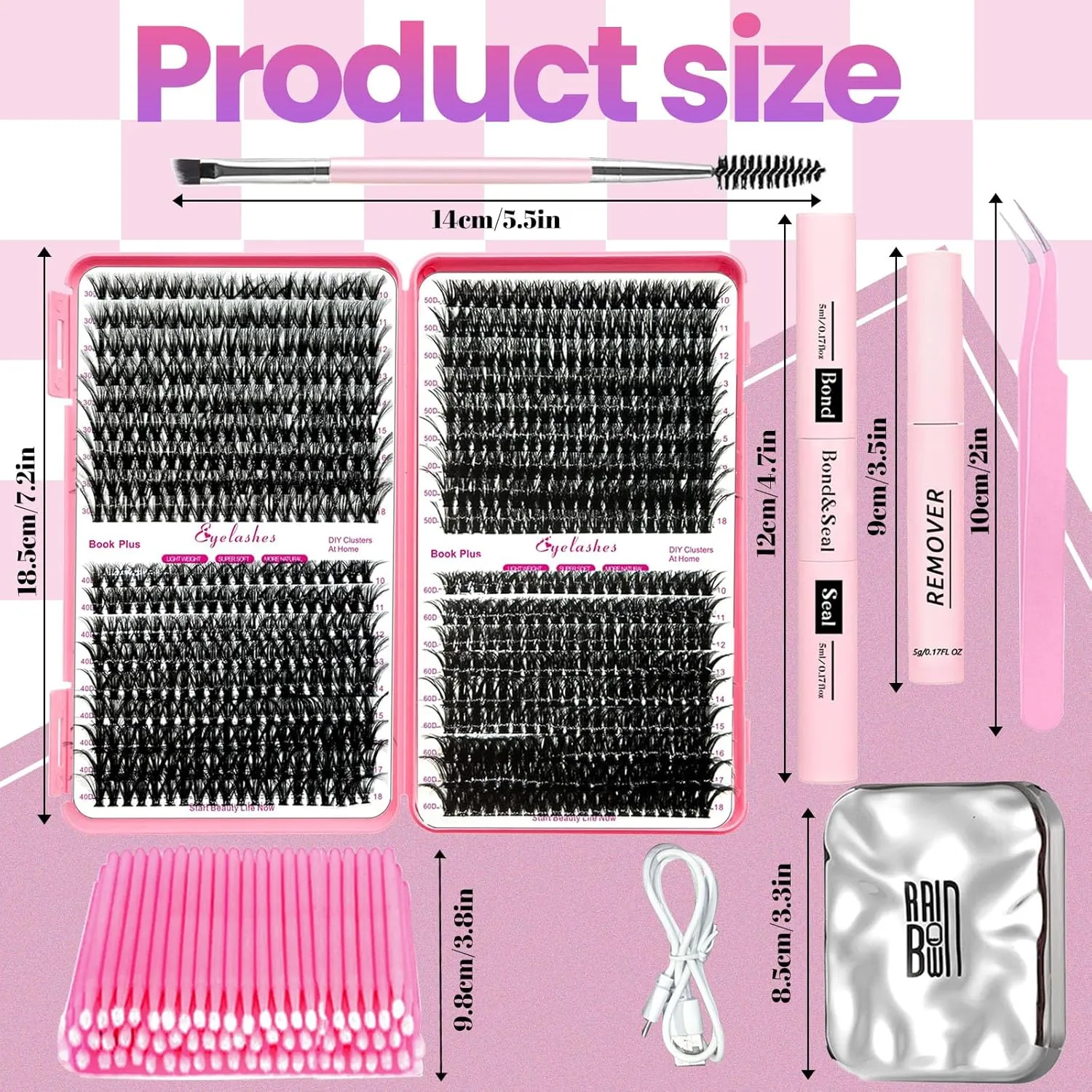 DIY Lash Extension Kit with 720pcs Lashes Clusters,1X/2X Magnification Compact Mirror with Light,Lash Bond and Seal,Eyelash Remover Tweezers Applicator Mascara Brush(10-18mm,30-60D Curl)