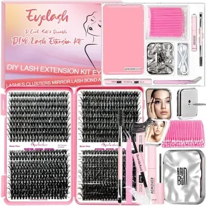 DIY Lash Extension Kit with 720pcs Lashes Clusters,1X/2X Magnification Compact Mirror with Light,Lash Bond and Seal,Eyelash Remover Tweezers Applicator Mascara Brush(10-18mm,30-60D Curl)