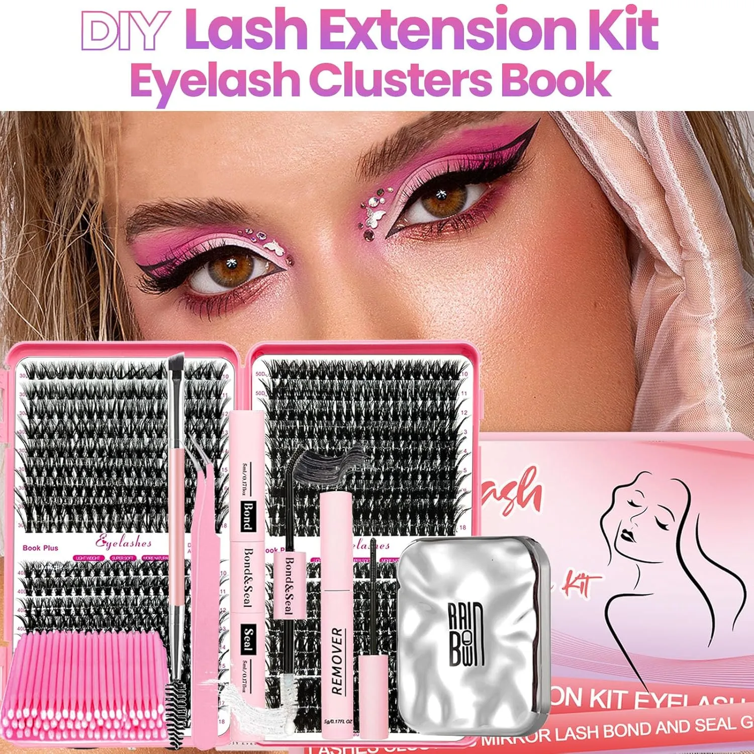 DIY Lash Extension Kit with 720pcs Lashes Clusters,1X/2X Magnification Compact Mirror with Light,Lash Bond and Seal,Eyelash Remover Tweezers Applicator Mascara Brush(10-18mm,30-60D Curl)
