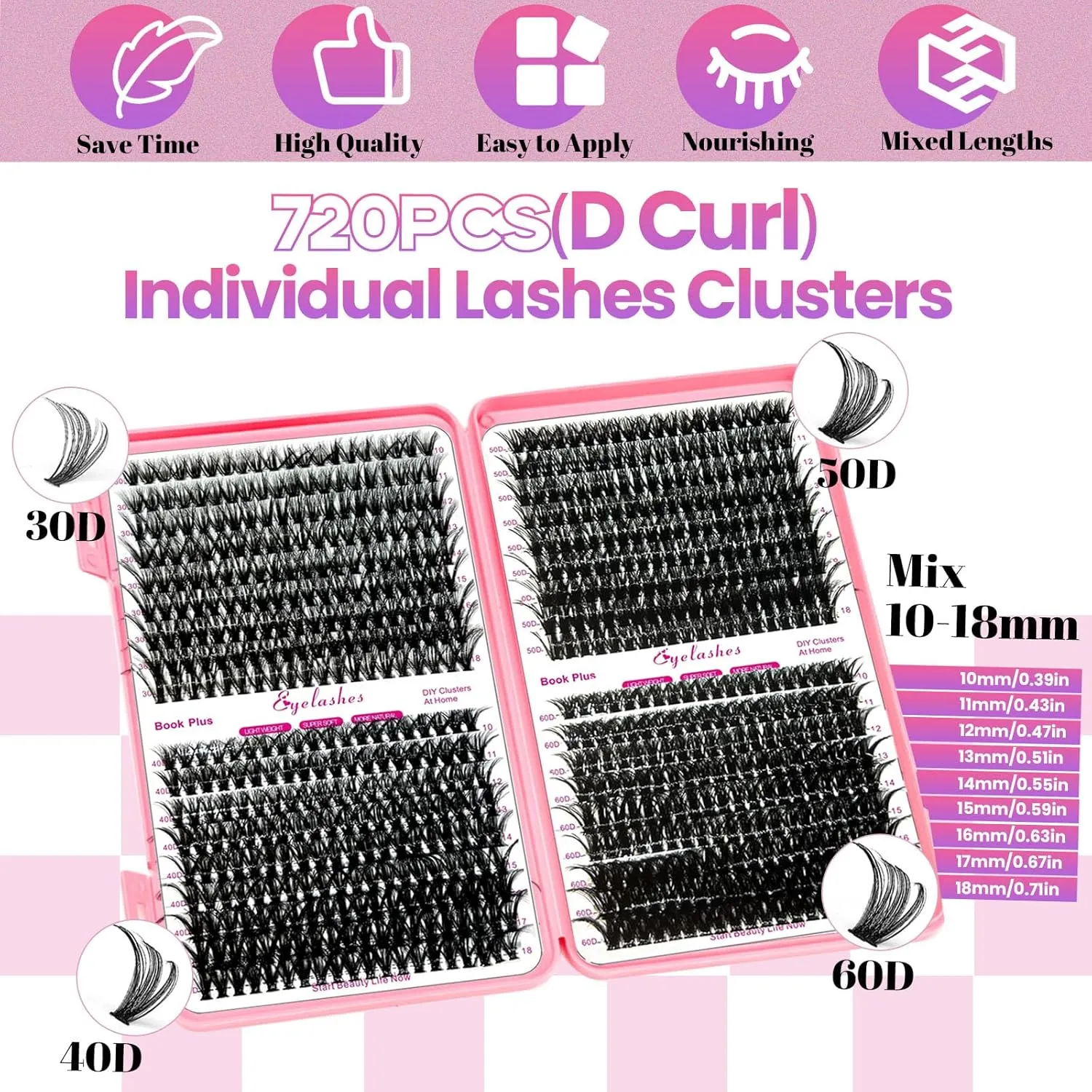DIY Lash Extension Kit with 720pcs Lashes Clusters,1X/2X Magnification Compact Mirror with Light,Lash Bond and Seal,Eyelash Remover Tweezers Applicator Mascara Brush(10-18mm,30-60D Curl)