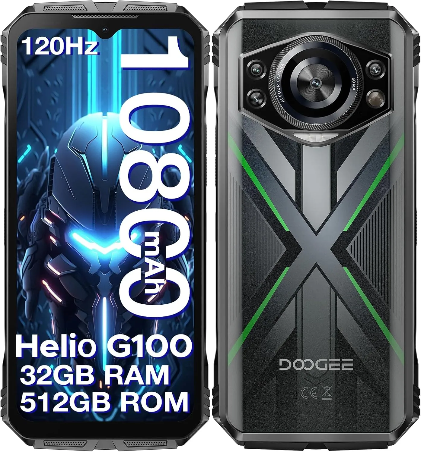 DOOGEE S Cyber Pro Rugged Phone, 10800mAh Android 14 Rugged Smartphone, 32GB 512GB, Helio G100 Octa Core Gaming Phones, 6.6" FHD  120Hz IPS Waterdrop Screen, 4G Dual SIM Mobile Phone, Green