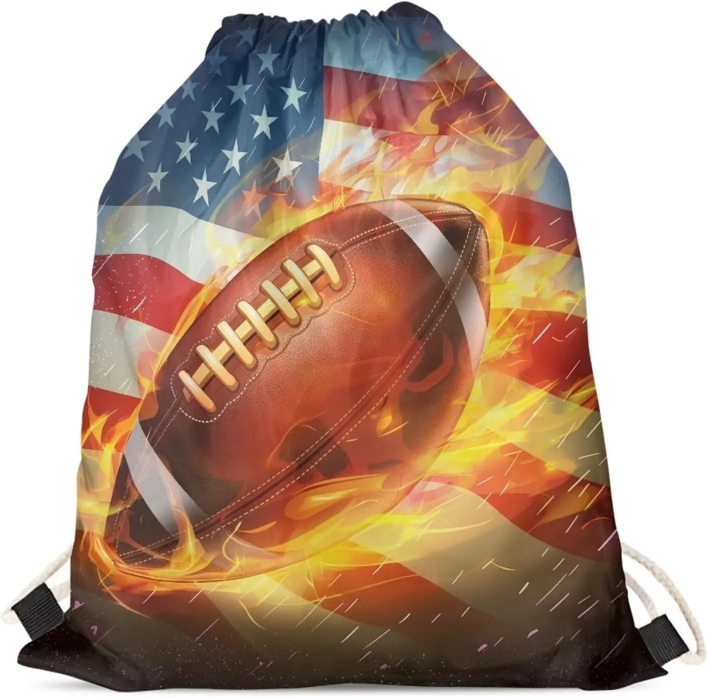 Drawstring Backpack for Men Boys,Foldable String Bag Sackpack American Flag Rugby Football Print Water Resistant Beach Bag