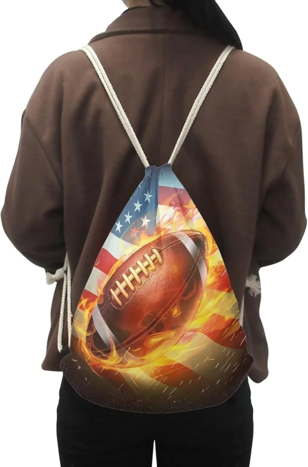 Drawstring Backpack for Men Boys,Foldable String Bag Sackpack American Flag Rugby Football Print Water Resistant Beach Bag