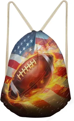 Drawstring Backpack for Men Boys,Foldable String Bag Sackpack American Flag Rugby Football Print Water Resistant Beach Bag