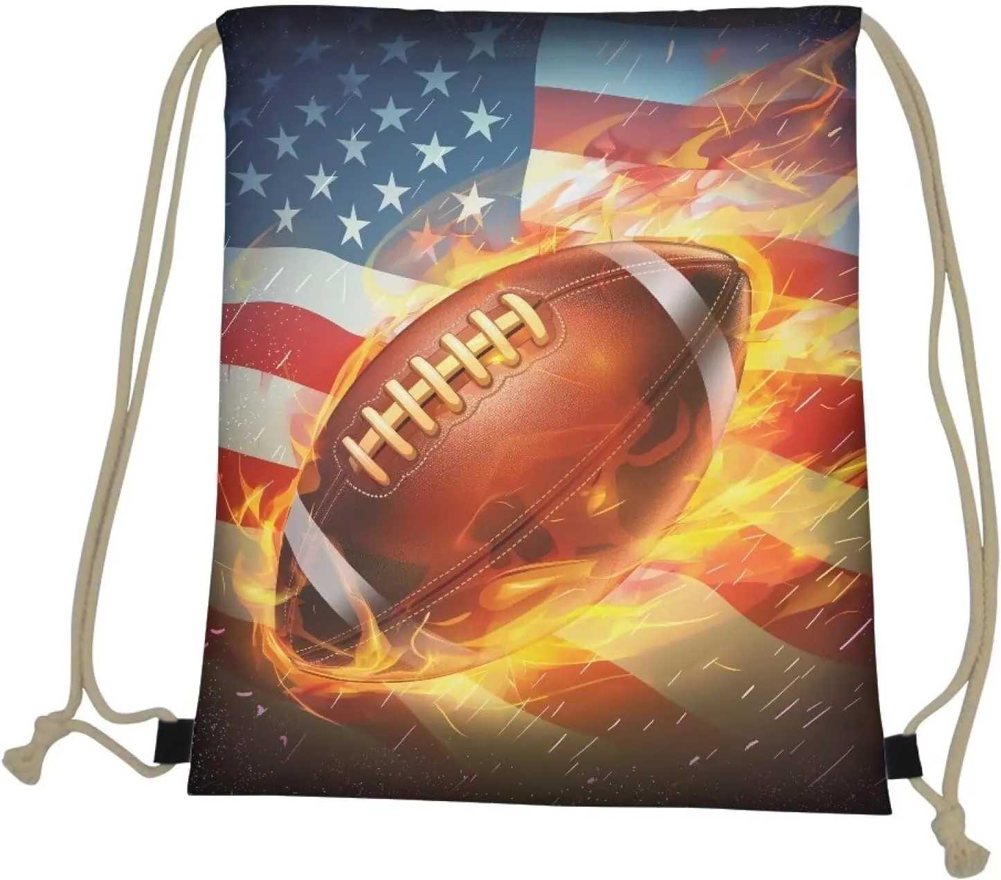 Drawstring Backpack for Men Boys,Foldable String Bag Sackpack American Flag Rugby Football Print Water Resistant Beach Bag