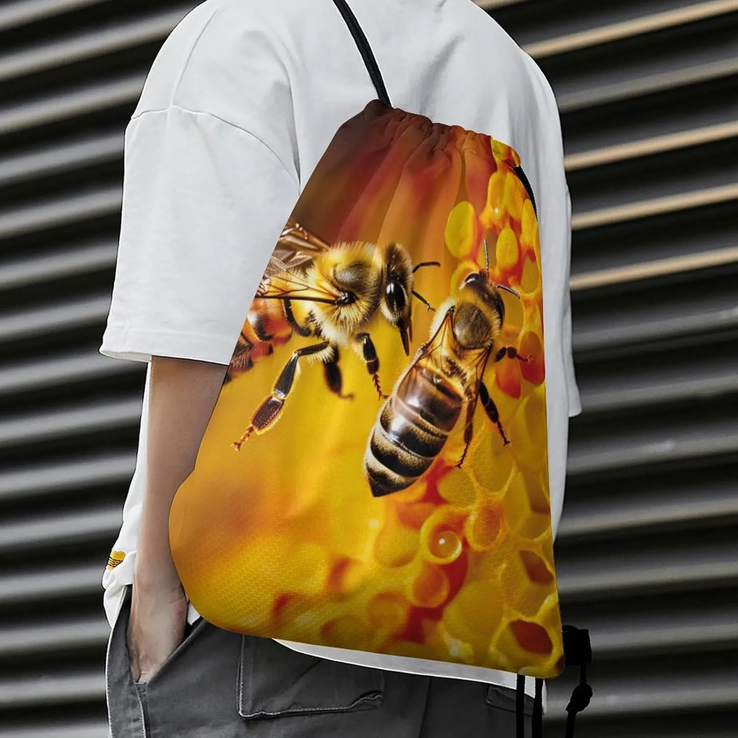 Drawstring Backpack Sport Gym Bag Water Resistant Sackpack Bee Picking Nectar Cinch Bag String Bag for Outdoor, 35*42cm