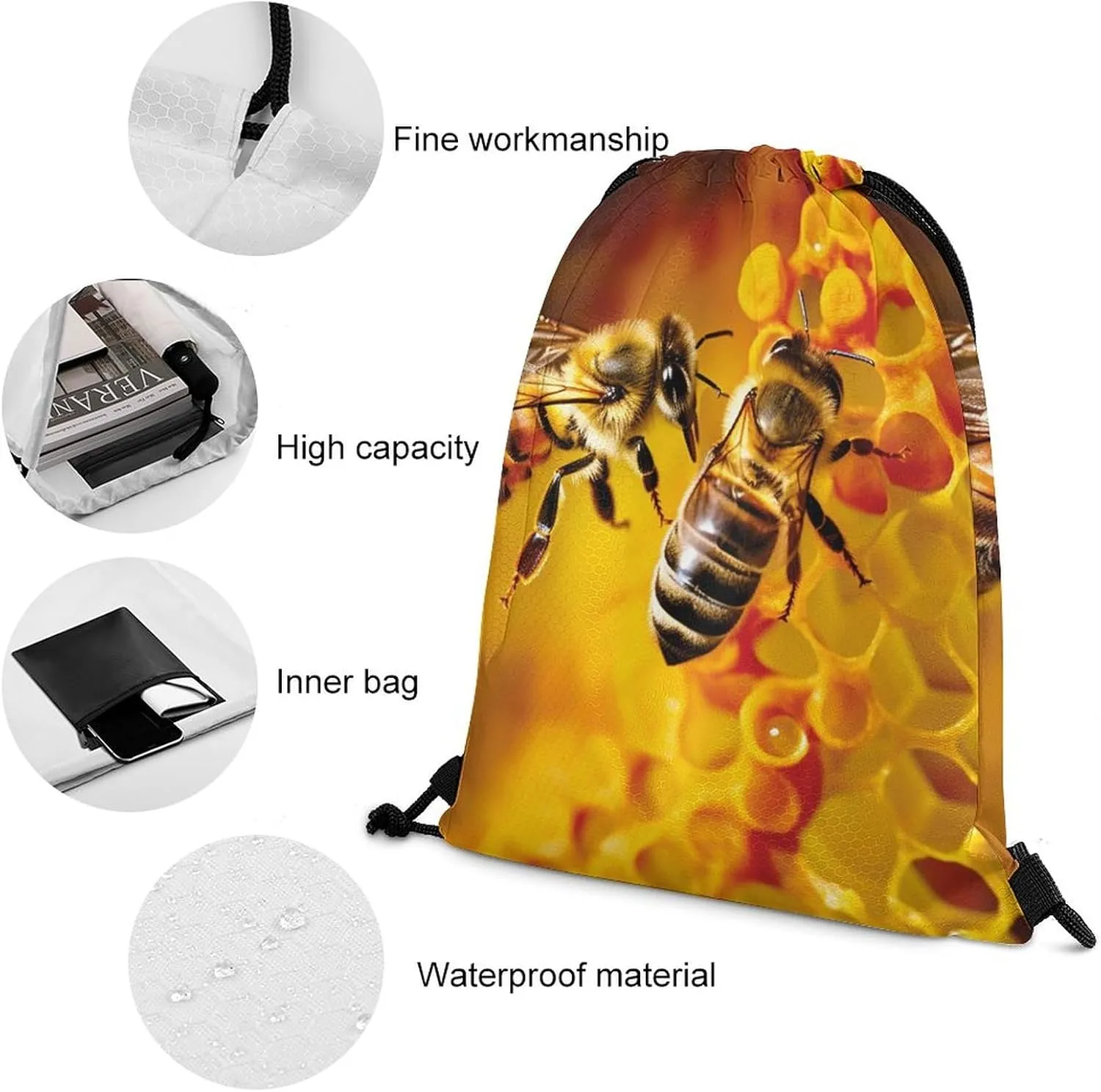 Drawstring Backpack Sport Gym Bag Water Resistant Sackpack Bee Picking Nectar Cinch Bag String Bag for Outdoor, 35*42cm