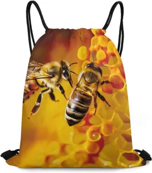 Drawstring Backpack Sport Gym Bag Water Resistant Sackpack Bee Picking Nectar Cinch Bag String Bag for Outdoor, 35*42cm