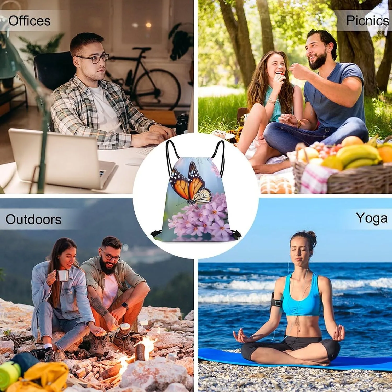 Drawstring Backpack Sport Gym Bag Water Resistant Sackpack Butterfly for Flowers Cinch Bag String Bag for Outdoor, 35*42cm