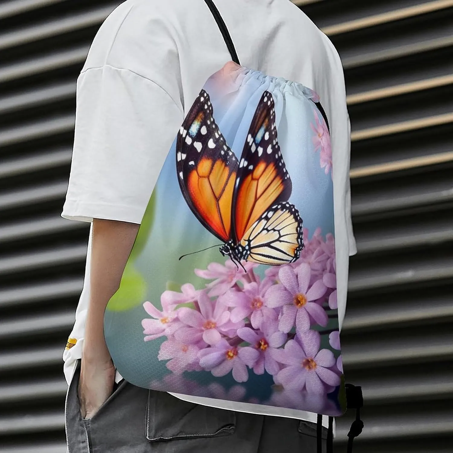 Drawstring Backpack Sport Gym Bag Water Resistant Sackpack Butterfly for Flowers Cinch Bag String Bag for Outdoor, 35*42cm