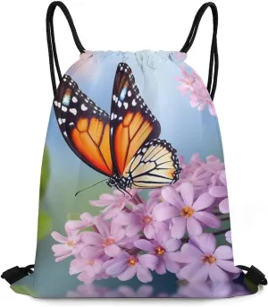 Drawstring Backpack Sport Gym Bag Water Resistant Sackpack Butterfly for Flowers Cinch Bag String Bag for Outdoor, 35*42cm