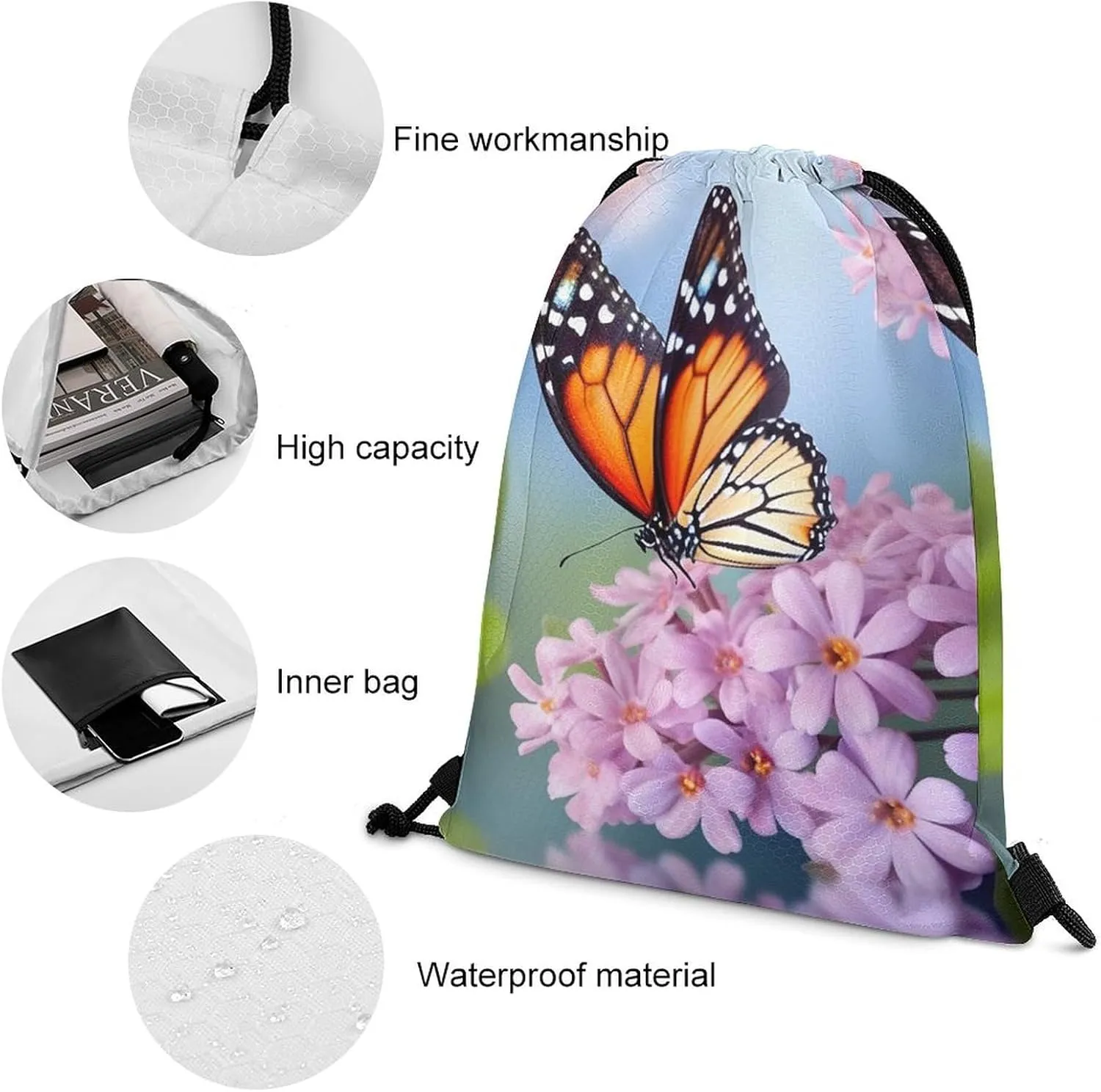 Drawstring Backpack Sport Gym Bag Water Resistant Sackpack Butterfly for Flowers Cinch Bag String Bag for Outdoor, 35*42cm