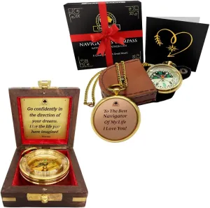 Dream Chaser Compass in Wooden Box & Navigator's Watch Compass in Leather Case - Unique Gifts for Graduation, Birthdays, and Outdoor Enthusiasts - Inspirational Compass Gift Bundle