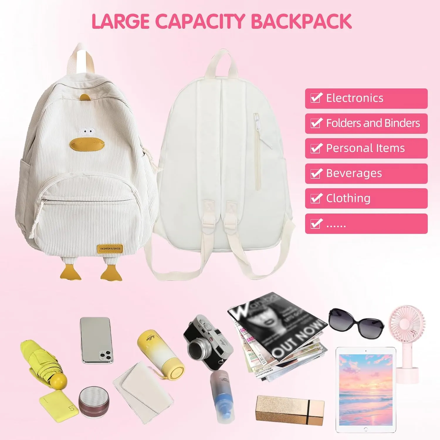 Duck Cute Backpack, Large Capacity Cute Funny Aesthetic Kawaii Corduroy Mochila (Green)