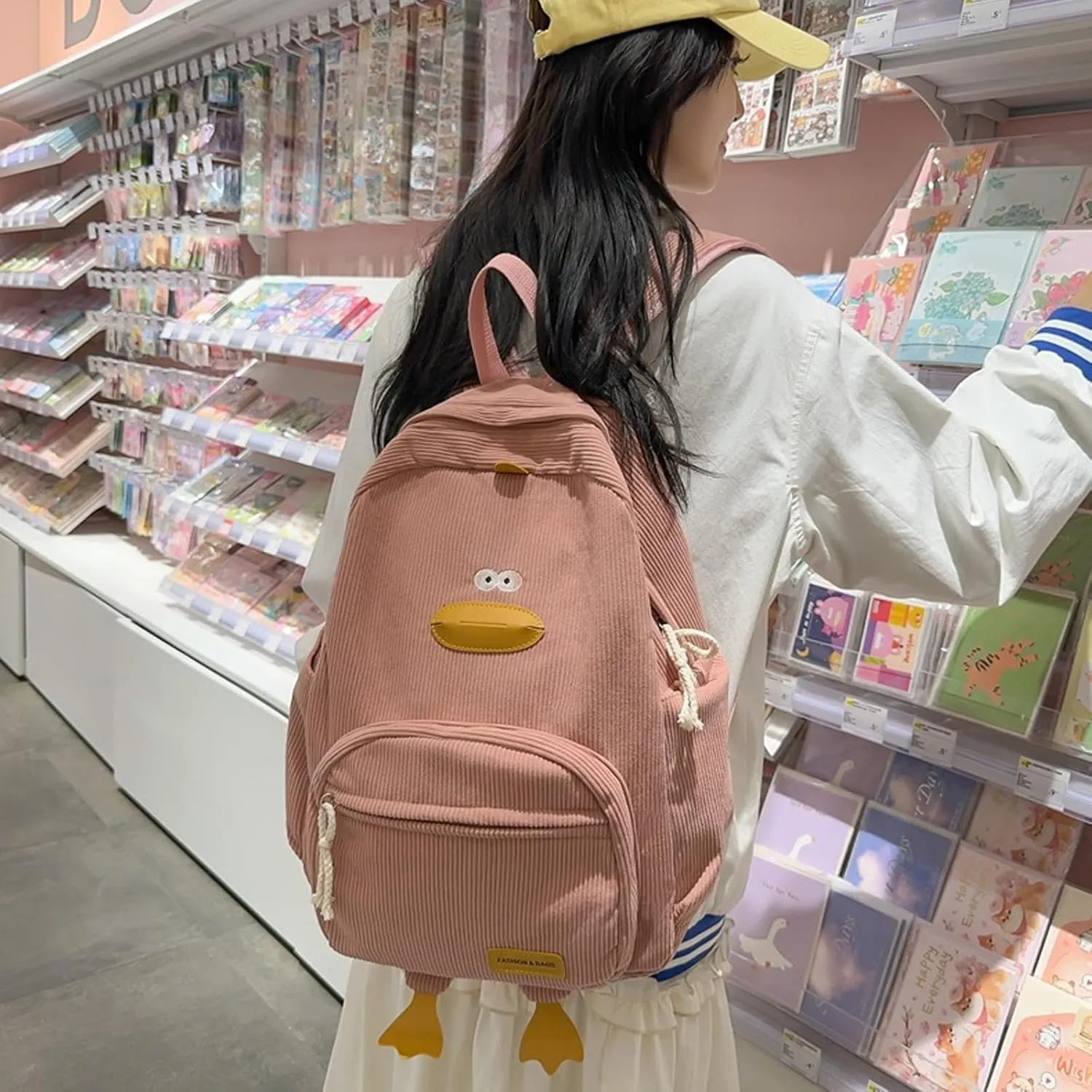 Duck Cute Backpack, Large Capacity Cute Funny Aesthetic Kawaii Corduroy Mochila (Green)