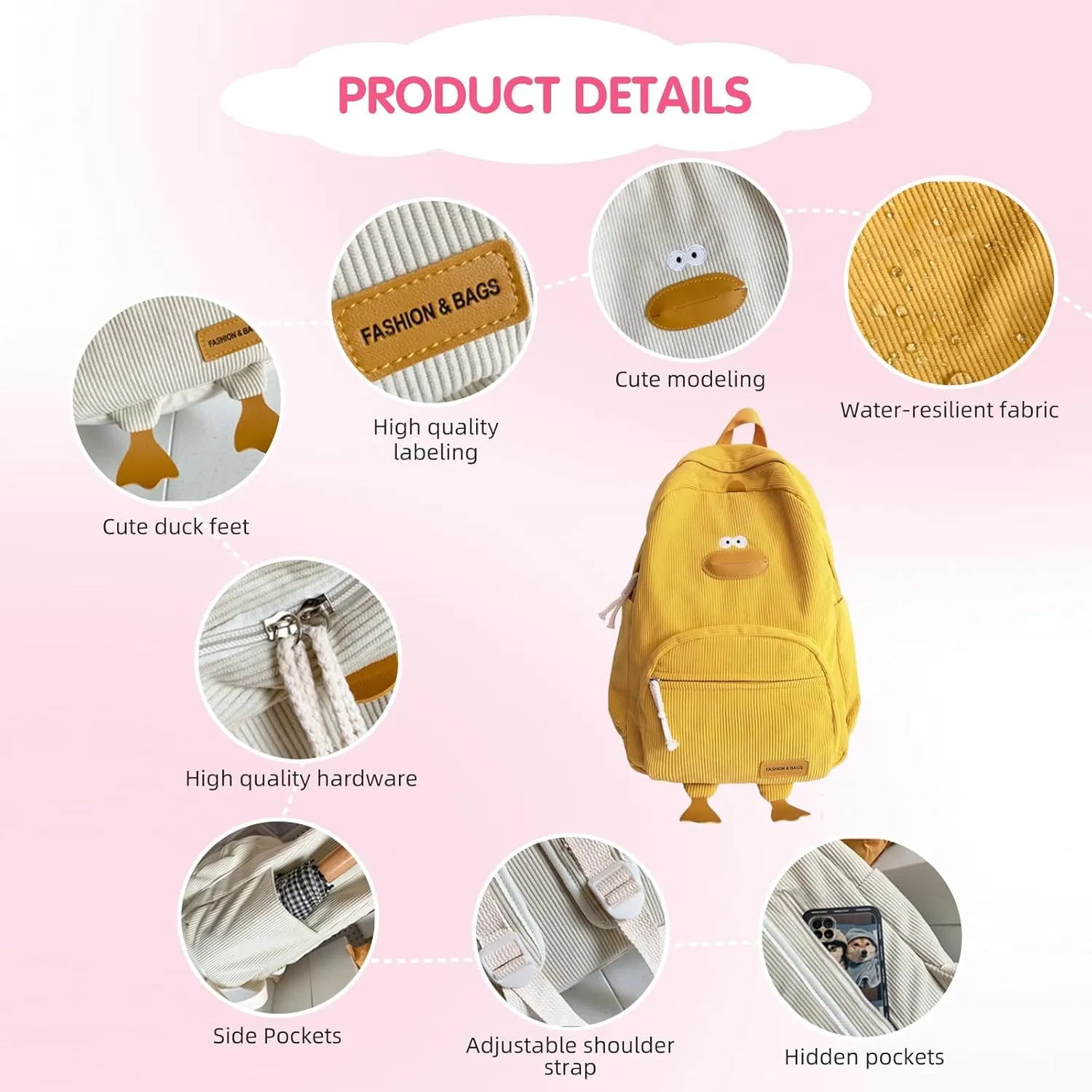 Duck Cute Backpack, Large Capacity Cute Funny Aesthetic Kawaii Corduroy Mochila (Green)