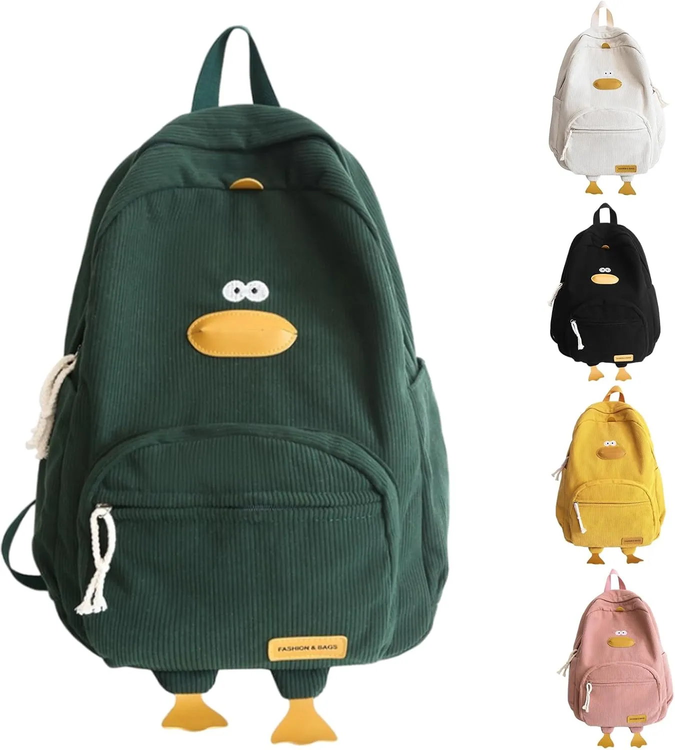 Duck Cute Backpack, Large Capacity Cute Funny Aesthetic Kawaii Corduroy Mochila (Green)