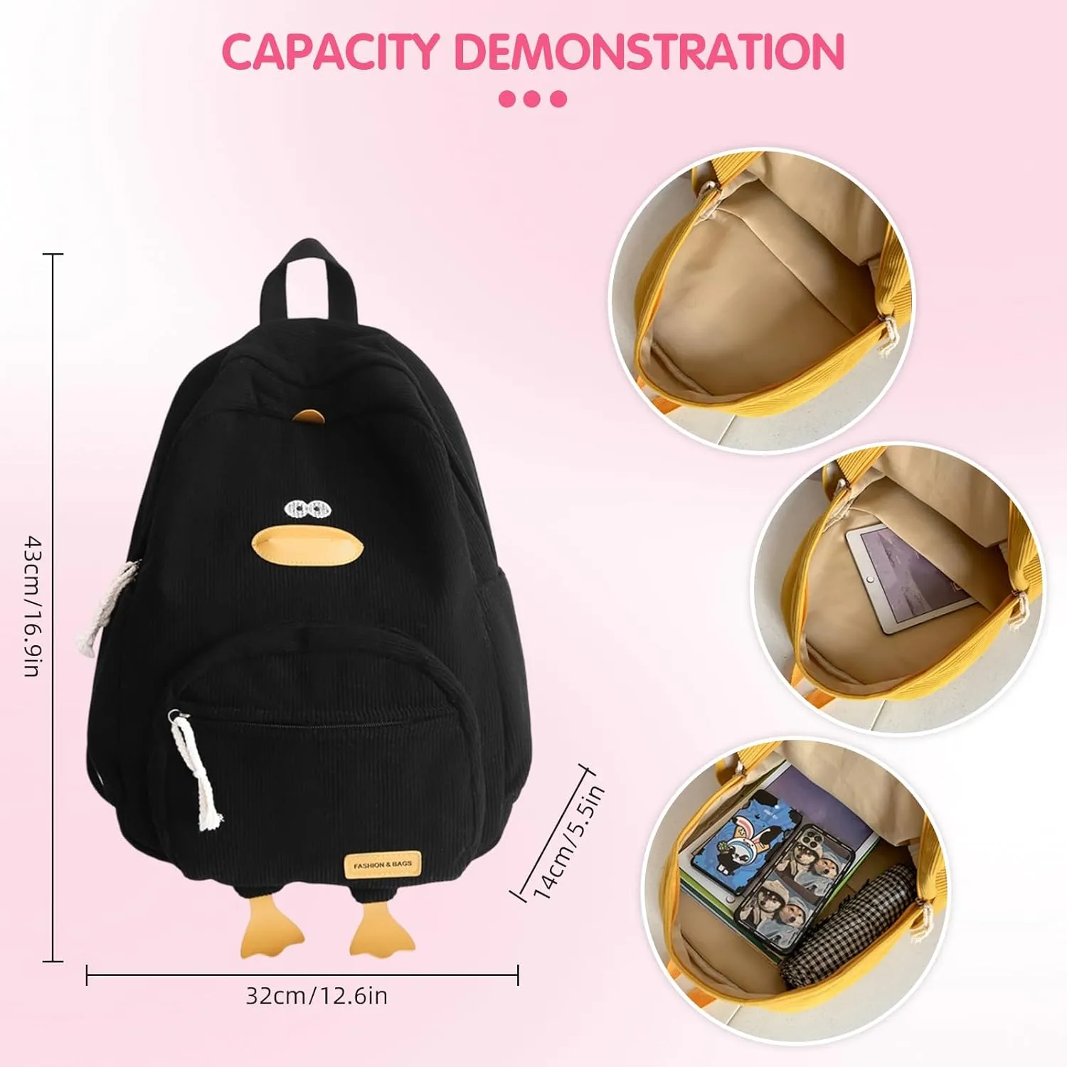 Duck Cute Backpack, Large Capacity Cute Funny Aesthetic Kawaii Corduroy Mochila (Green)