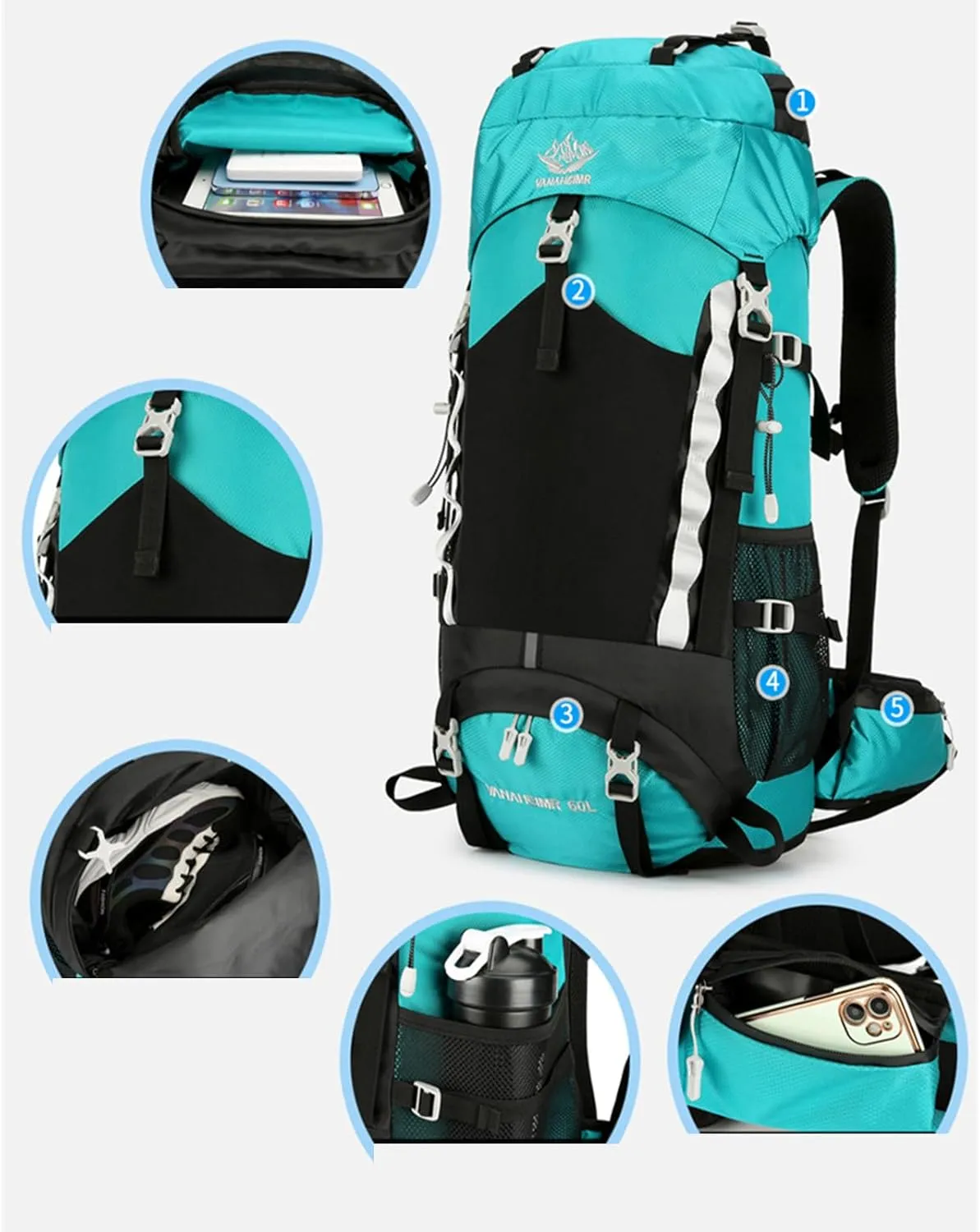 Durable Outdoor Hiking Camping Backpack 60L Capacity Mountaineering Sports Rucksack for Women and Men, Orange, app. 34x25x72cm /13.38x9.84x28.34in