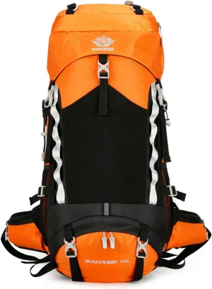 Durable Outdoor Hiking Camping Backpack 60L Capacity Mountaineering Sports Rucksack for Women and Men, Orange, app. 34x25x72cm /13.38x9.84x28.34in