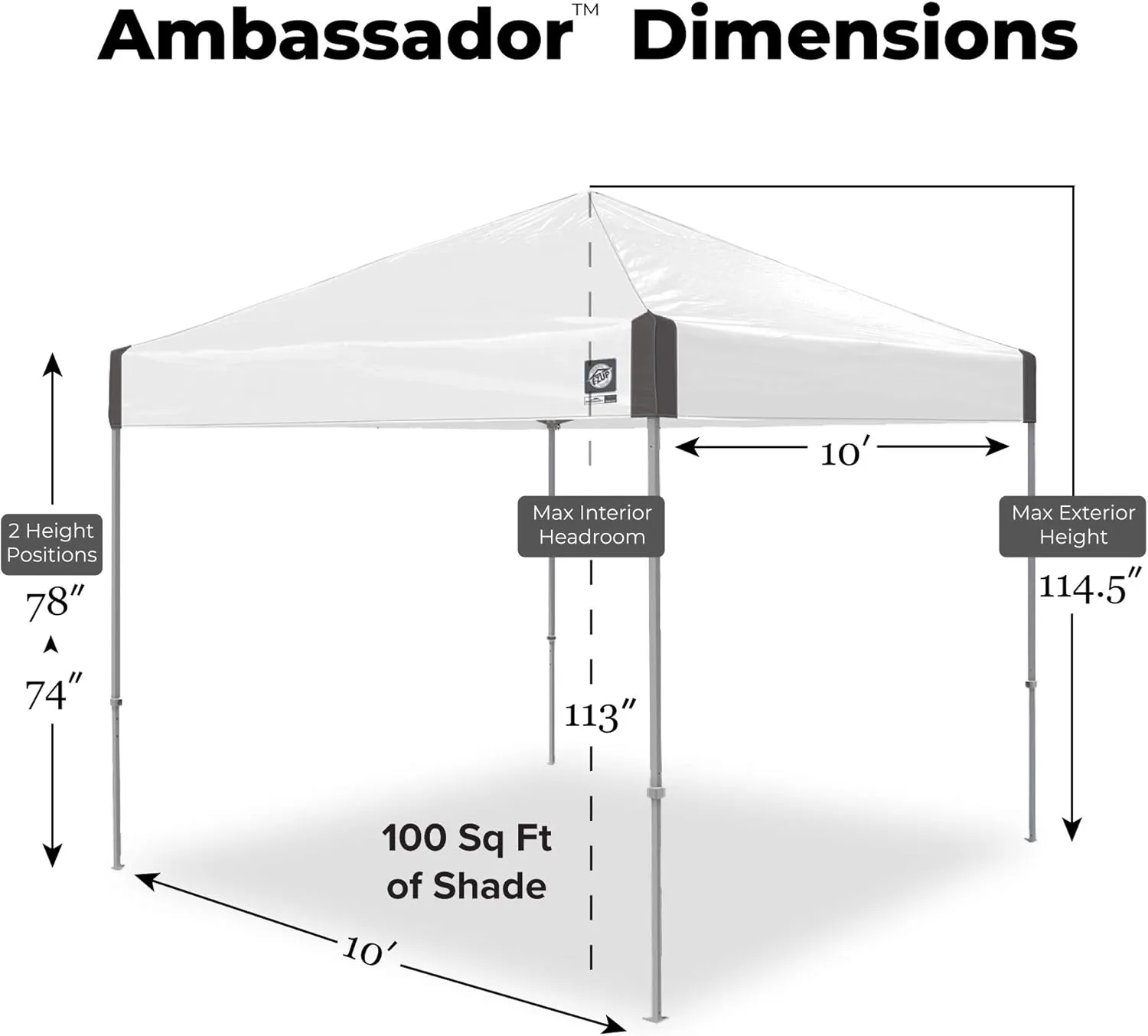 E-Z UP Ambassador Instant Pop Up Canopy Tent, 10' x 10', Roller Bag and 4 Piece Spike Set, Slate White