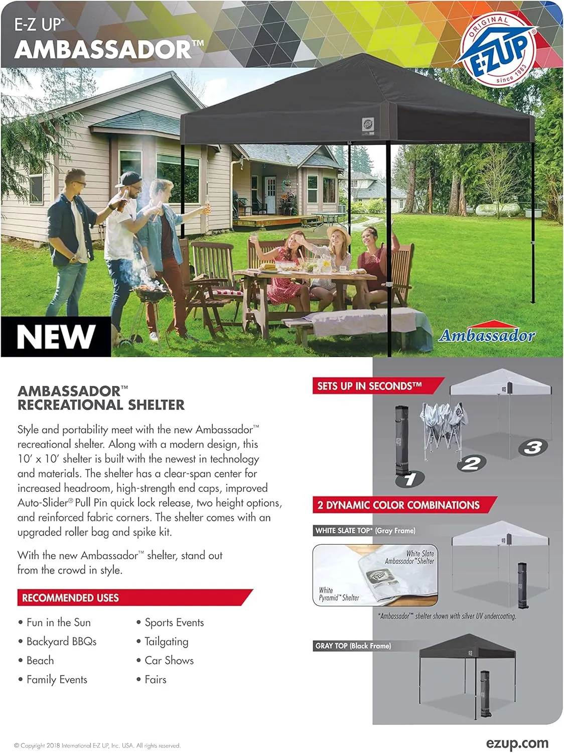 E-Z UP Ambassador Instant Pop Up Canopy Tent, 10' x 10', Roller Bag and 4 Piece Spike Set, Slate White