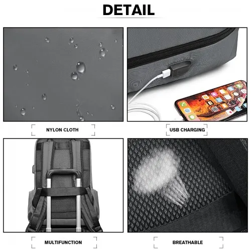 E6913 - Kono Water Resistant Travel Backpack with USB Charging Port - Grey