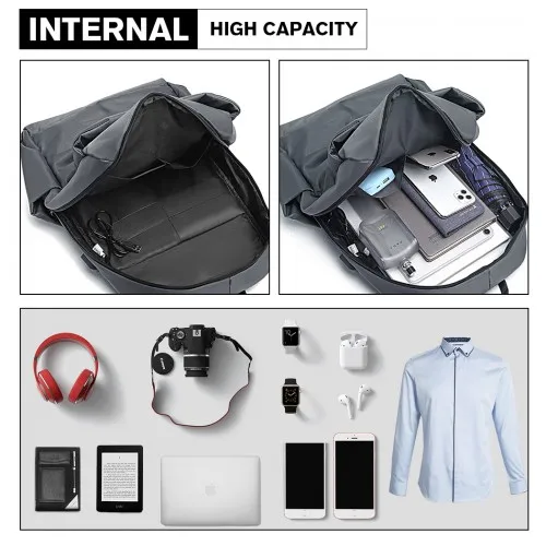 E6913 - Kono Water Resistant Travel Backpack with USB Charging Port - Grey