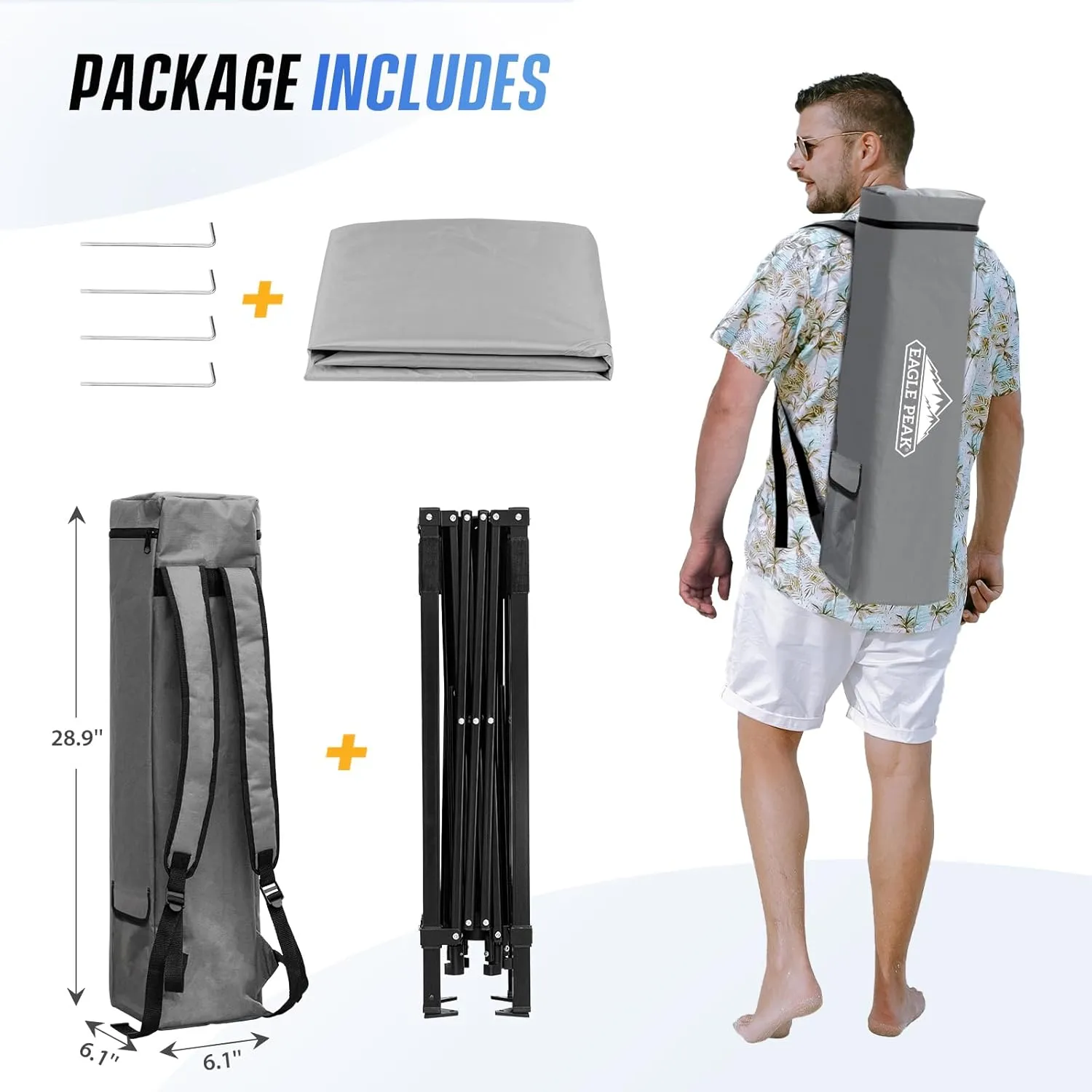 EAGLE PEAK 8x8 Pop Up Canopy Tent with Sidewall, Compact, Portable Slant Leg Instant Sun Shelter for Beach, Sports, & Camping, 8x8 Base 6x6 Top, Light Gray