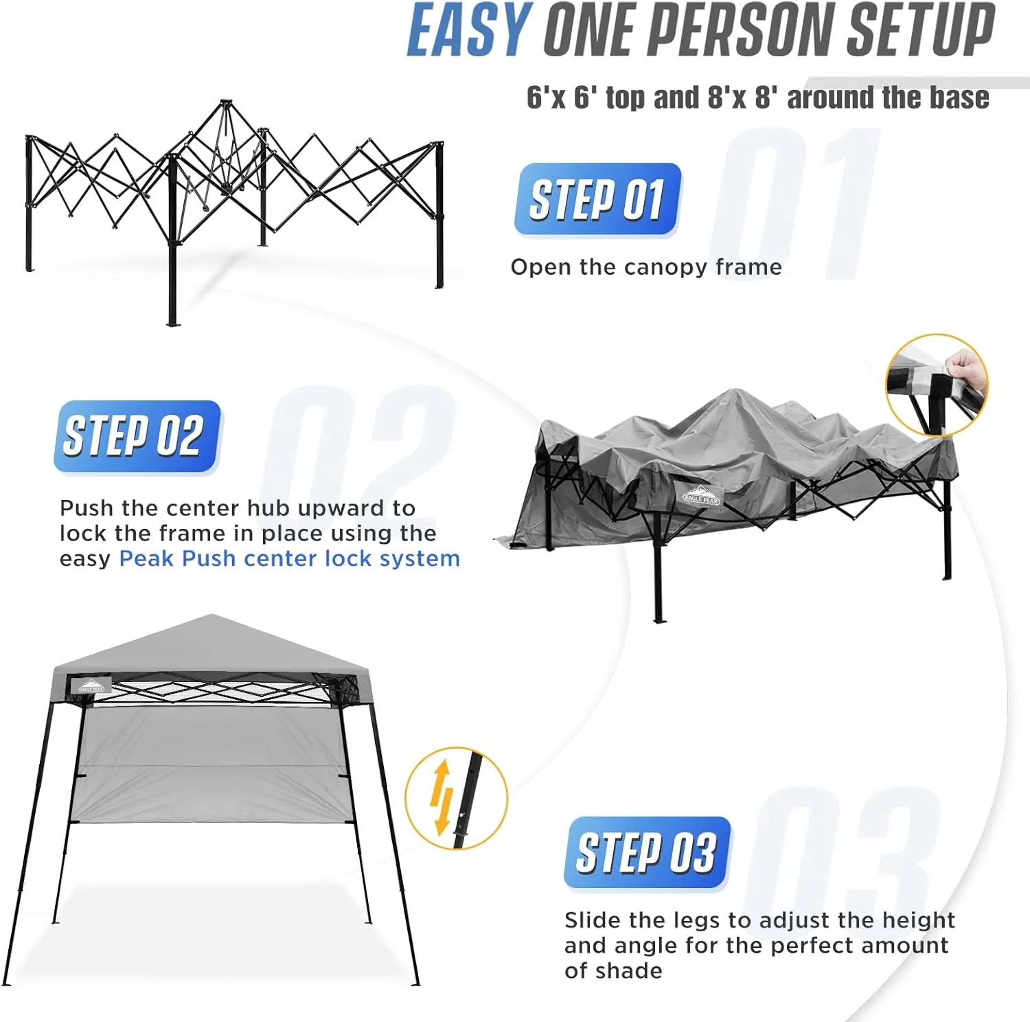 EAGLE PEAK 8x8 Pop Up Canopy Tent with Sidewall, Compact, Portable Slant Leg Instant Sun Shelter for Beach, Sports, & Camping, 8x8 Base 6x6 Top, Light Gray