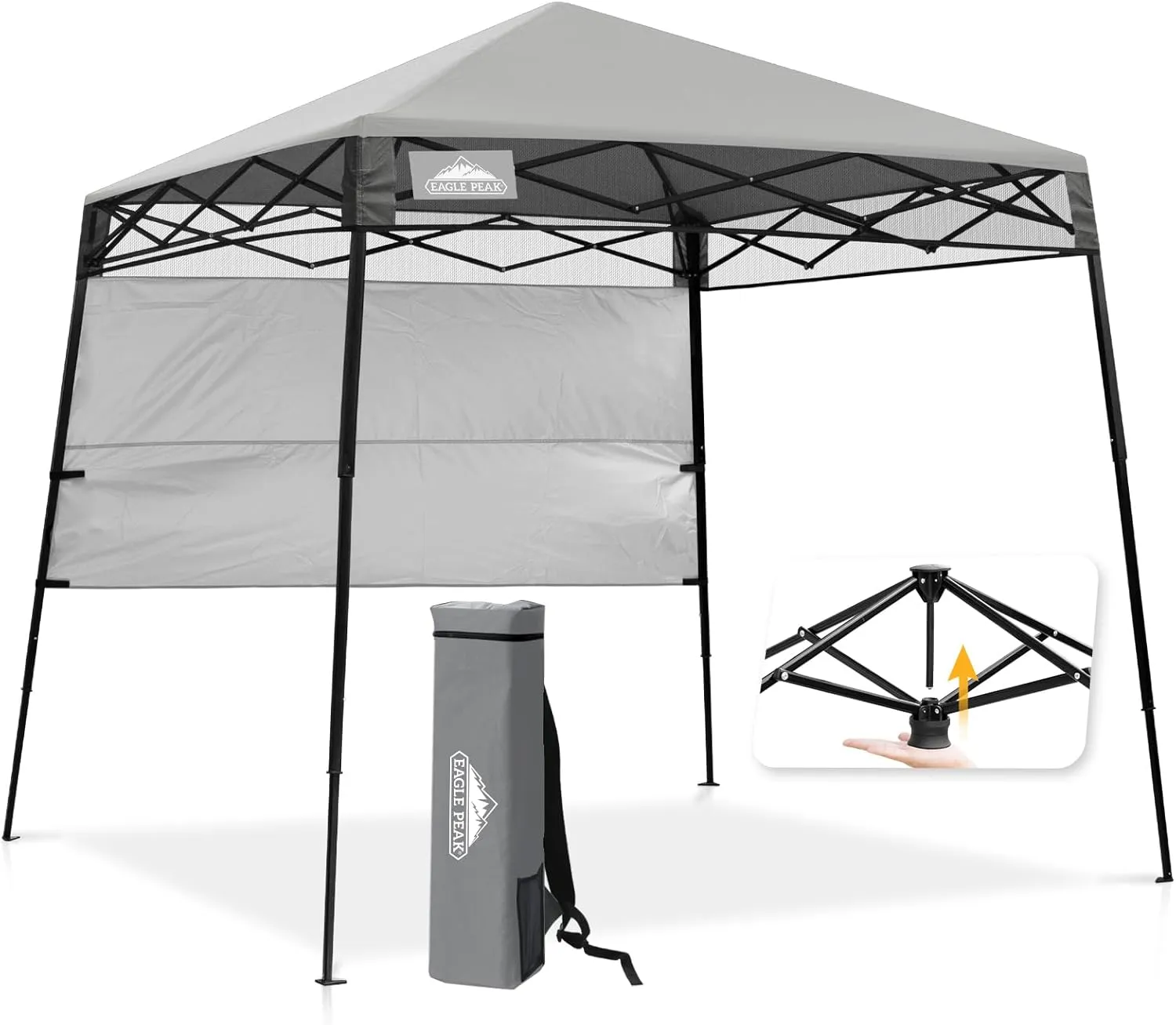 EAGLE PEAK 8x8 Pop Up Canopy Tent with Sidewall, Compact, Portable Slant Leg Instant Sun Shelter for Beach, Sports, & Camping, 8x8 Base 6x6 Top, Light Gray