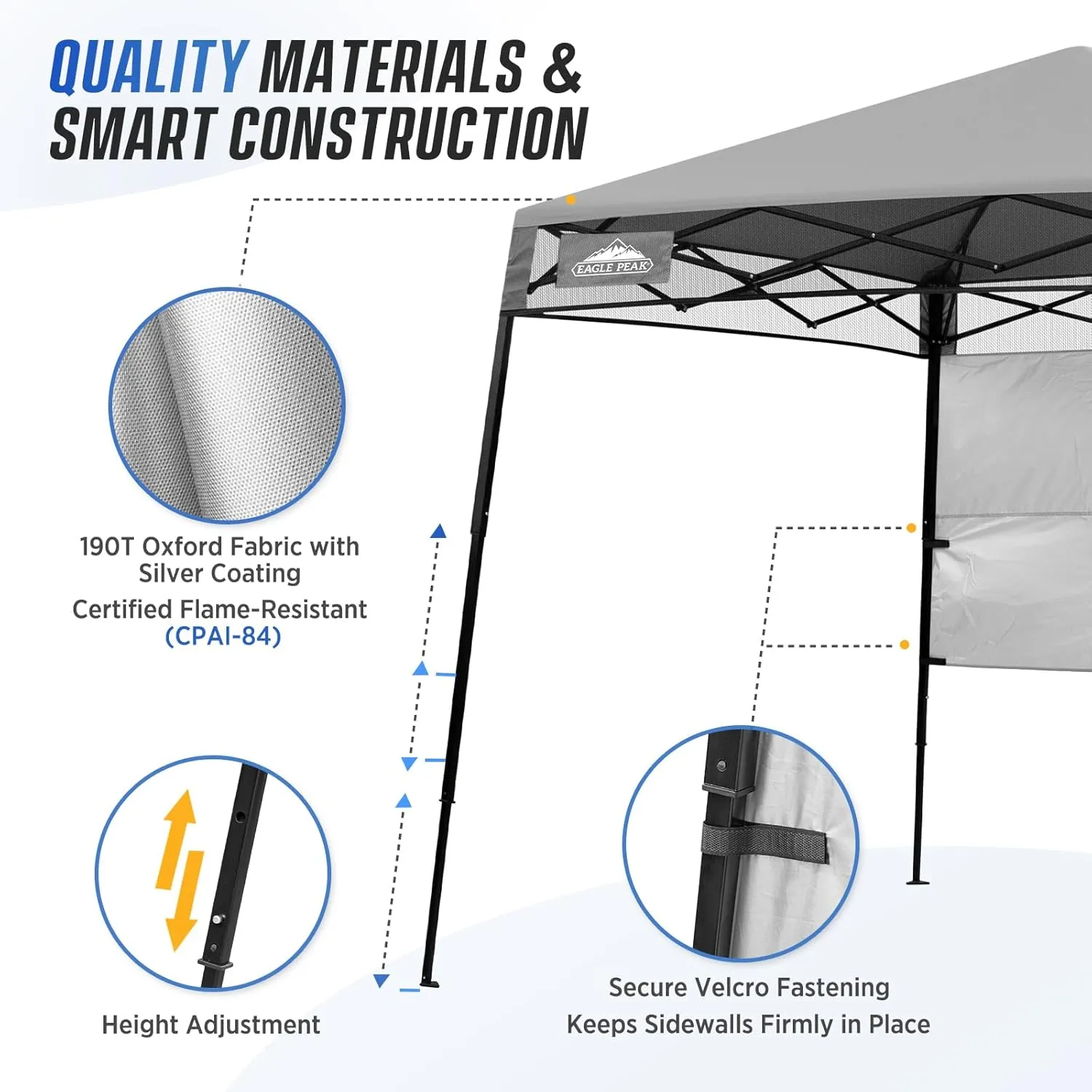 EAGLE PEAK 8x8 Pop Up Canopy Tent with Sidewall, Compact, Portable Slant Leg Instant Sun Shelter for Beach, Sports, & Camping, 8x8 Base 6x6 Top, Light Gray