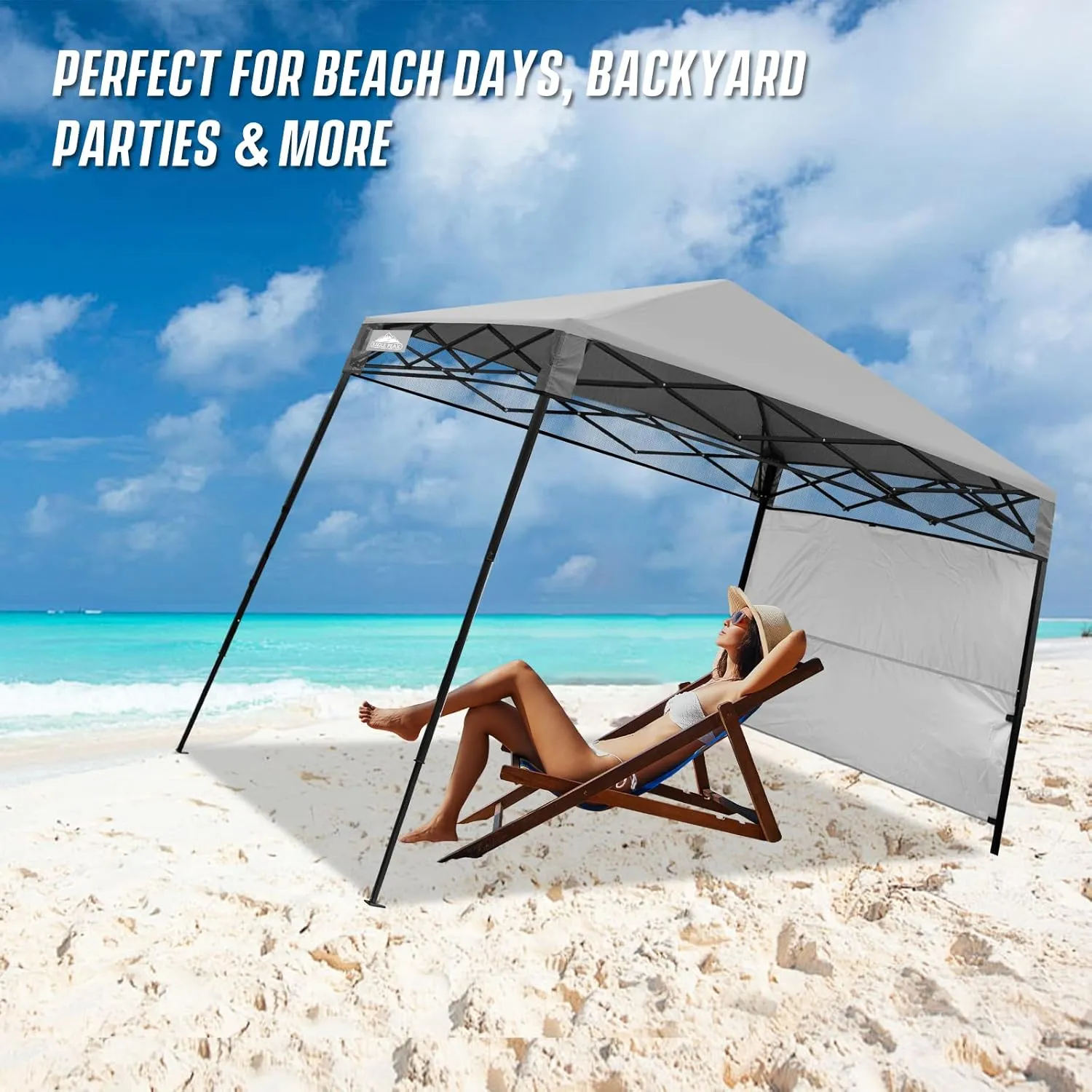EAGLE PEAK 8x8 Pop Up Canopy Tent with Sidewall, Compact, Portable Slant Leg Instant Sun Shelter for Beach, Sports, & Camping, 8x8 Base 6x6 Top, Light Gray