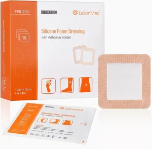 EalionMed Silicone Foam Dressing with Gentle Adhesive Border 4''x4'', 10 Pack, Painless Removal High Absorbency Bed Sore Wound Bandage for Pressure Sore, Leg Ulcer, Diabetic Ulcer