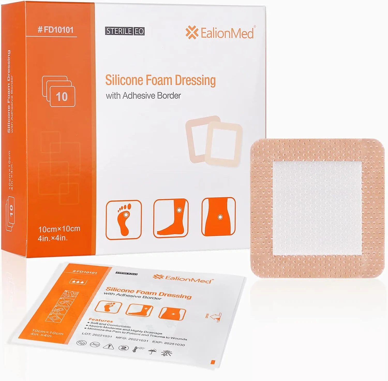 EalionMed Silicone Foam Dressing with Gentle Adhesive Border 4''x4'', 10 Pack, Painless Removal High Absorbency Bed Sore Wound Bandage for Pressure Sore, Leg Ulcer, Diabetic Ulcer