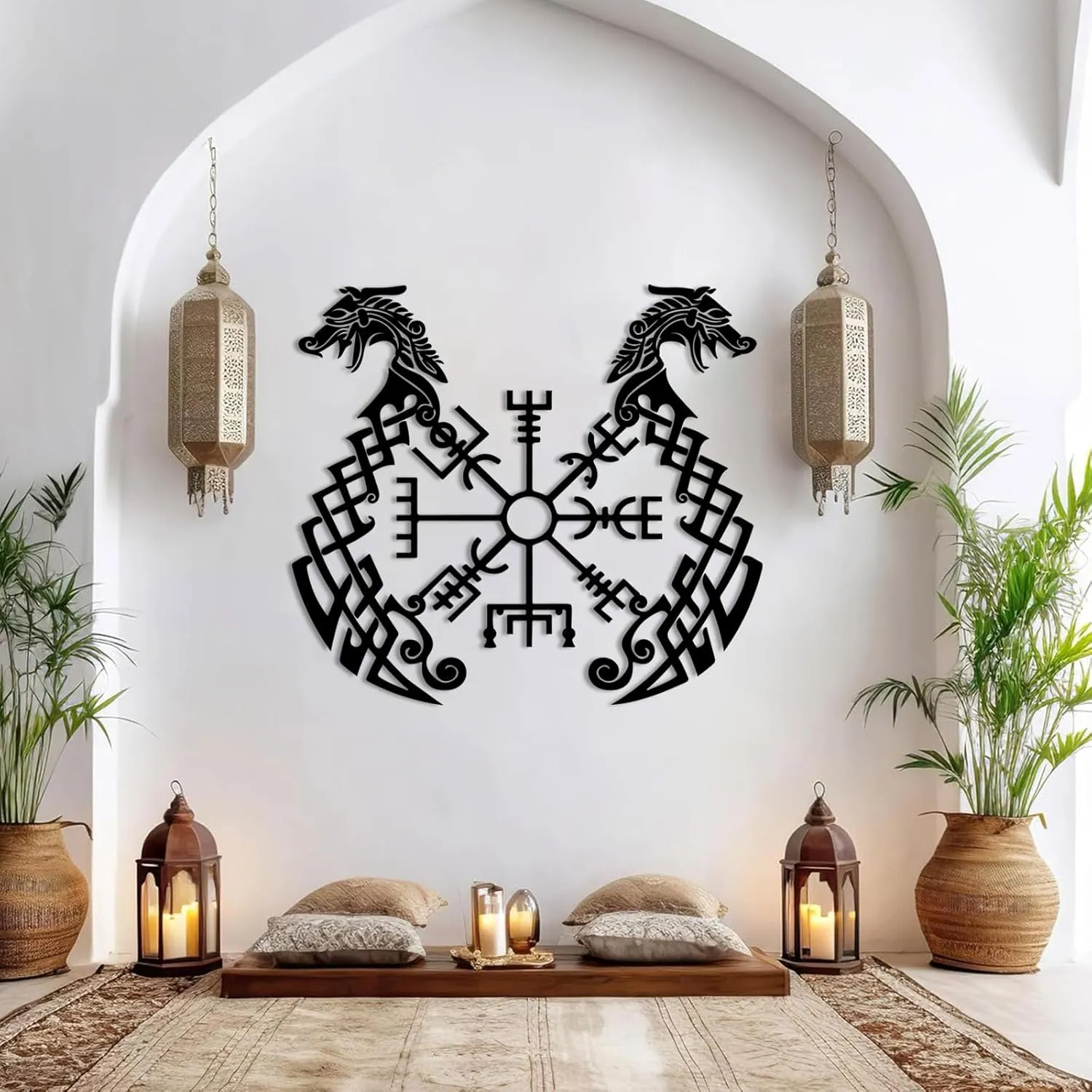 EANHIPE Viking Ship Compass Metal Wall Art, Viking Wayfinders Metal Wall Art, Inscriptions Ancient Vikings Runes Symbols Wall Decor, Icelandic Art, Living Room (Black, 35"x32"/90x80cm)