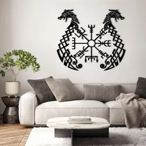 EANHIPE Viking Ship Compass Metal Wall Art, Viking Wayfinders Metal Wall Art, Inscriptions Ancient Vikings Runes Symbols Wall Decor, Icelandic Art, Living Room (Black, 35"x32"/90x80cm)