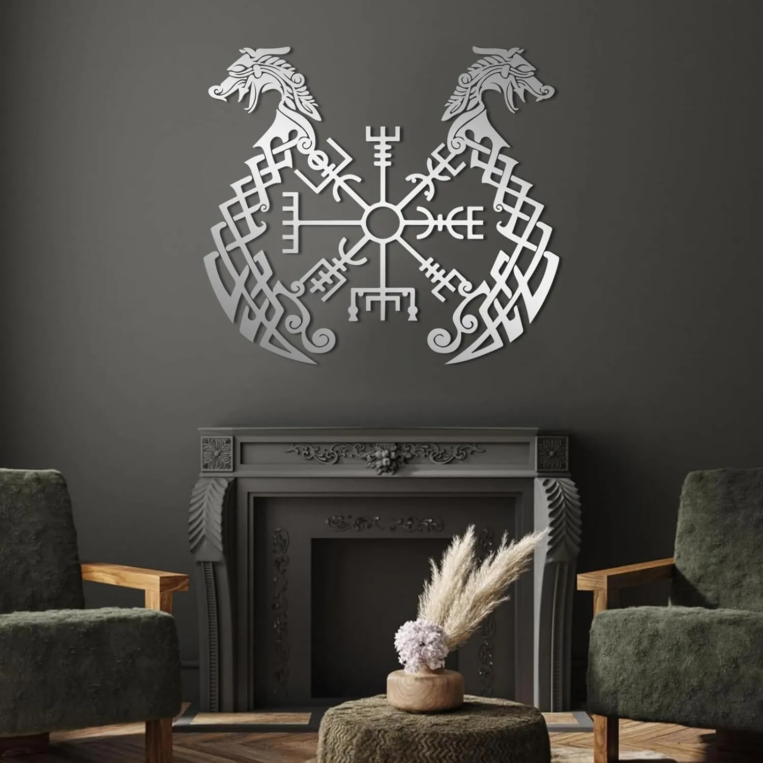 EANHIPE Viking Ship Compass Metal Wall Art, Viking Wayfinders Metal Wall Art, Inscriptions Ancient Vikings Runes Symbols Wall Decor, Icelandic Art, Living Room (Black, 35"x32"/90x80cm)