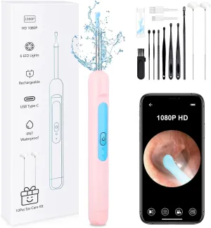 Ear Wax Removal Tool Camera, 1080P Ear Cleaner with Camera, Ear Wax Removal Kit with 6 LED Lights/10Pcs Ear Care Kit, Otoscope Ear Cleaning Kit for iOS/Android (Includes Goose Feather Stick, Pink)