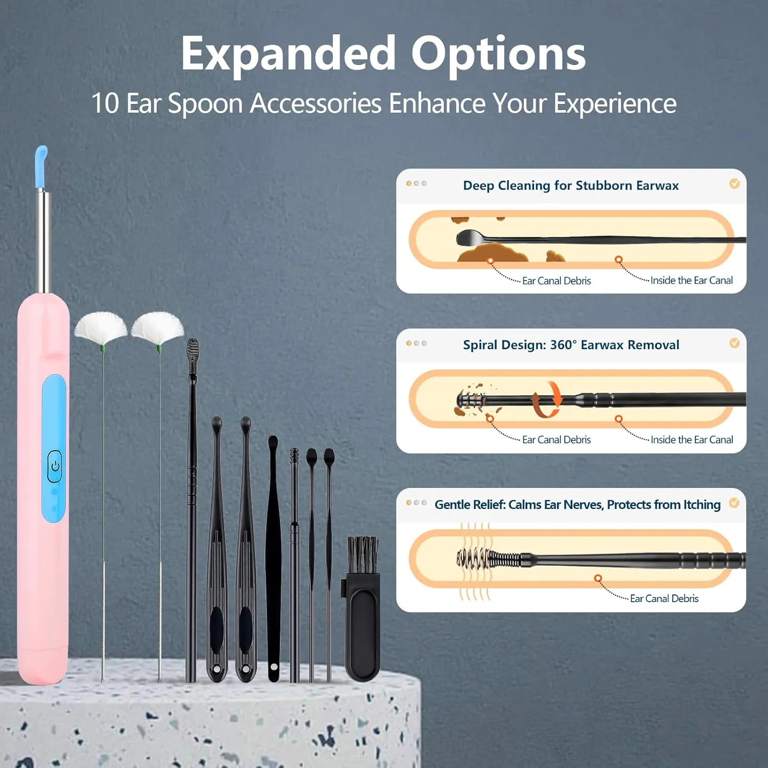 Ear Wax Removal Tool Camera, 1080P Ear Cleaner with Camera, Ear Wax Removal Kit with 6 LED Lights/10Pcs Ear Care Kit, Otoscope Ear Cleaning Kit for iOS/Android (Includes Goose Feather Stick, Pink)
