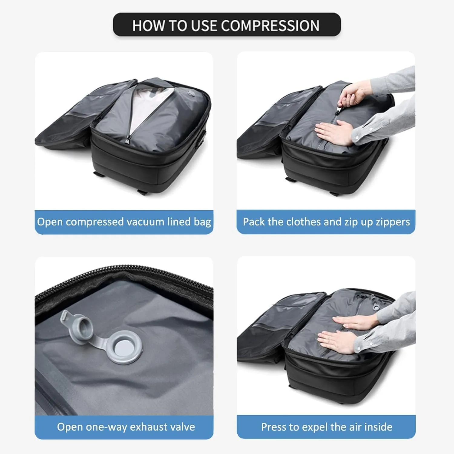 Easy Vac Pack Backpack, Easyvacpack usa Carry on, Vacuum Compression System Expands Capacity to 60L, Easy to Take on Plane (Blue   (with air pump))