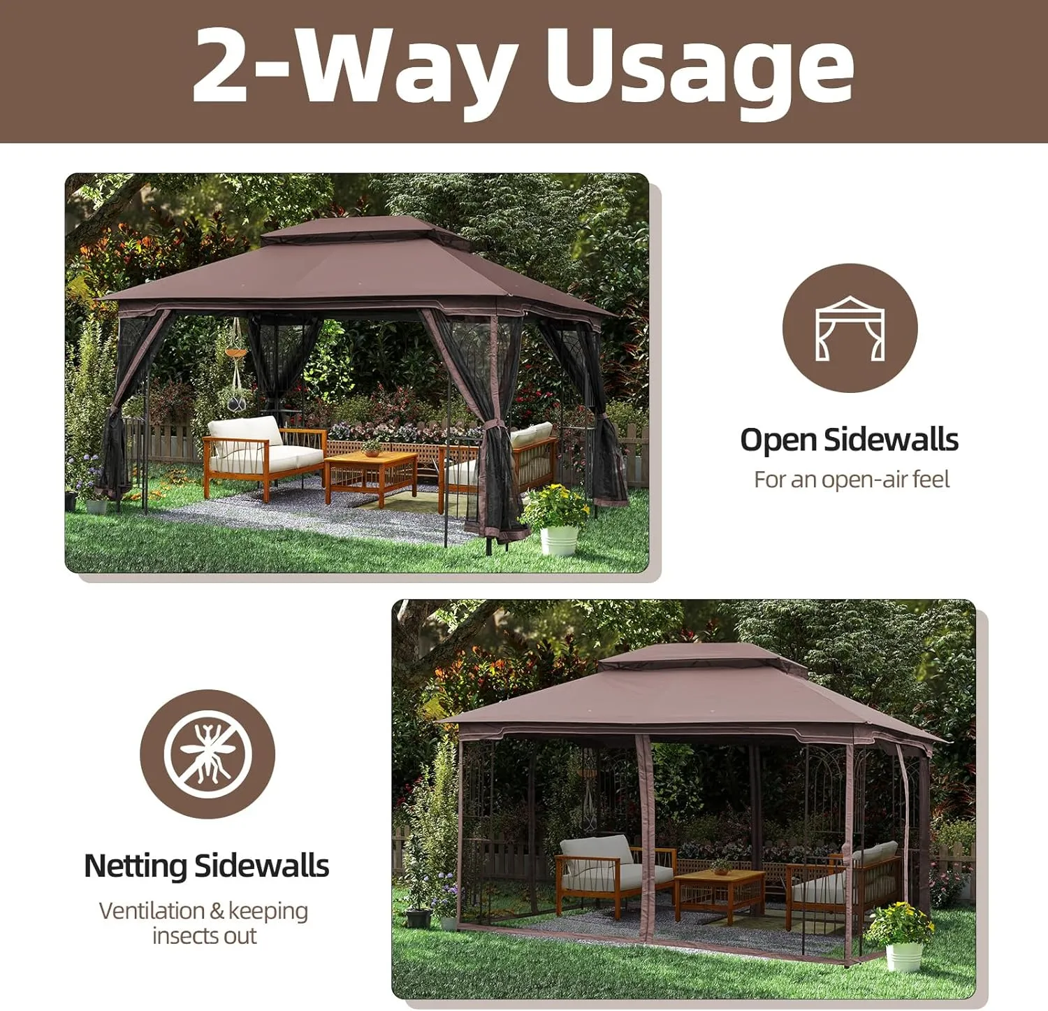 ECOTOUGE 10' X 13' Outdoor Gazebo, Soft Double Roof Canopy Tent with Mosquito Netting, Party Tent Shelter with Corner Frame Shelves for Patio, Backyard, Deck, Brown