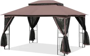 ECOTOUGE 10' X 13' Outdoor Gazebo, Soft Double Roof Canopy Tent with Mosquito Netting, Party Tent Shelter with Corner Frame Shelves for Patio, Backyard, Deck, Brown