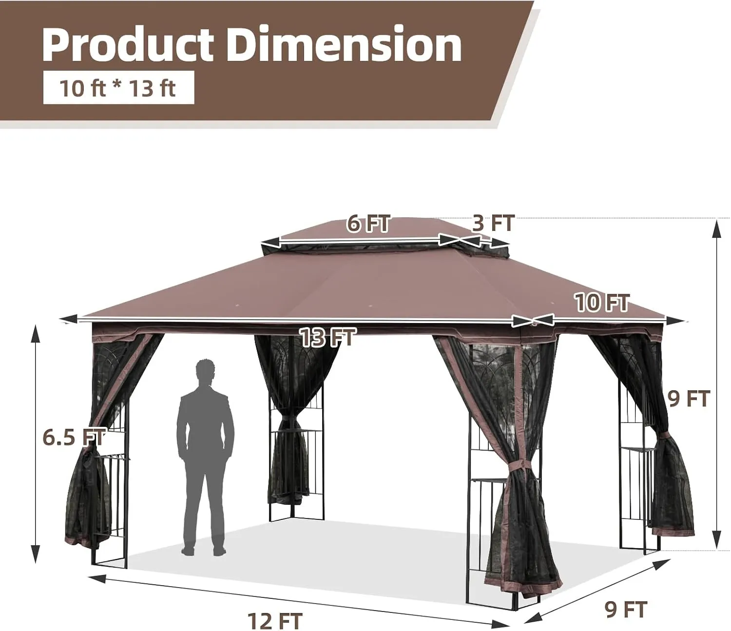 ECOTOUGE 10' X 13' Outdoor Gazebo, Soft Double Roof Canopy Tent with Mosquito Netting, Party Tent Shelter with Corner Frame Shelves for Patio, Backyard, Deck, Brown