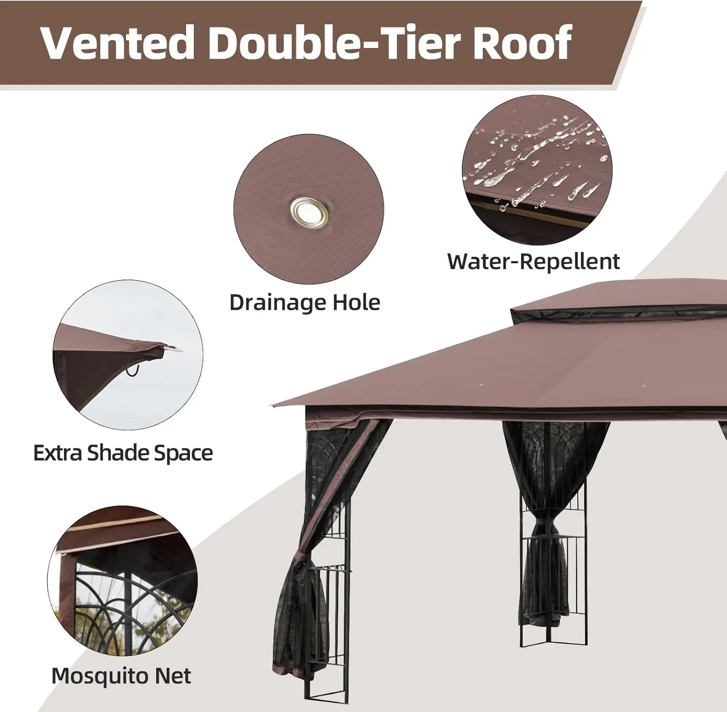 ECOTOUGE 10' X 13' Outdoor Gazebo, Soft Double Roof Canopy Tent with Mosquito Netting, Party Tent Shelter with Corner Frame Shelves for Patio, Backyard, Deck, Brown