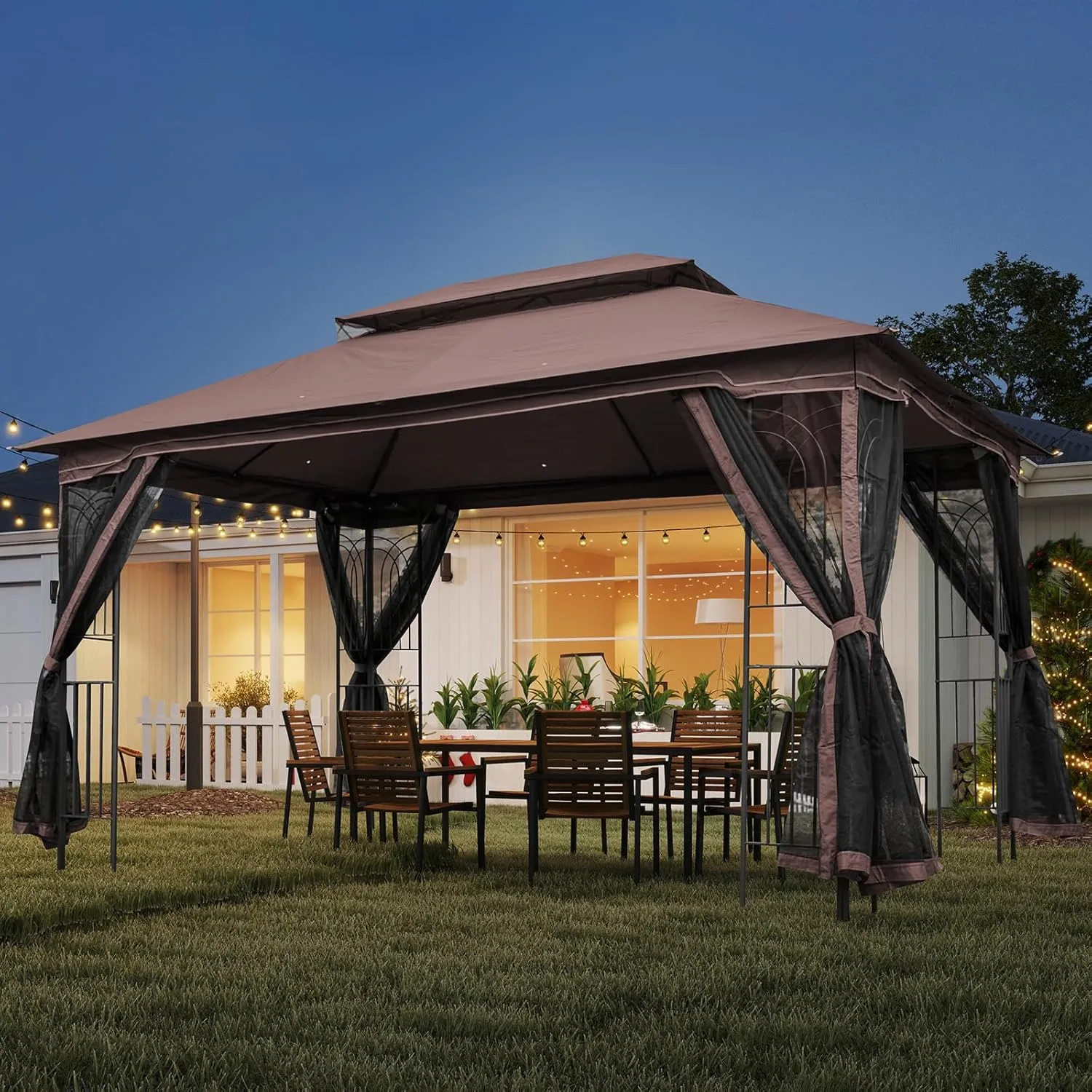 ECOTOUGE 10' X 13' Outdoor Gazebo, Soft Double Roof Canopy Tent with Mosquito Netting, Party Tent Shelter with Corner Frame Shelves for Patio, Backyard, Deck, Brown